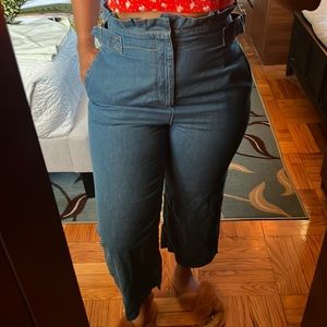 ASOS high waist medium wash cropped flare with raw hem